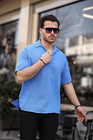 Polo Yaka Oversize Yarım Pat  Bambu Kısa Kol Gömlek - Parlement Mavi