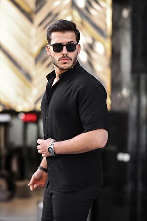 Hakim Yaka Müslin Kumaş Kısa Kol Gömlek - Siyah