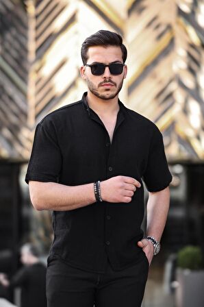 Hakim Yaka Müslin Kumaş Kısa Kol Gömlek - Siyah