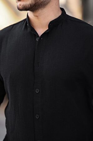 Hakim Yaka Müslin Kumaş Kısa Kol Gömlek - Siyah