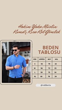 Hakim Yaka Müslin Kumaş Kısa Kol Gömlek - Parlement Mavi