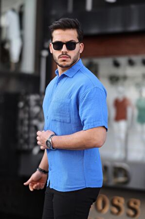 Oversize Müslin Kumaş Tek Cepli Gömlek- Parlement Mavi