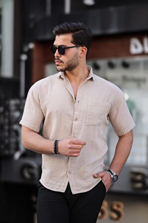 Oversize Müslin Kumaş Tek Cepli Gömlek- Açık Bej
