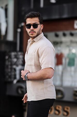 Oversize Müslin Kumaş Tek Cepli Gömlek- Açık Bej