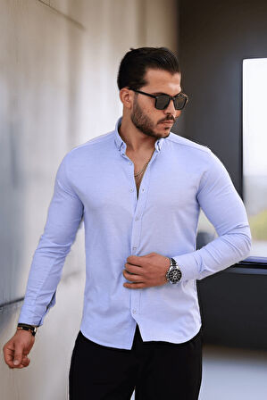 Likralı Regular Fit Nefes Alabilir Klasik Erkek Oxford Gömlek - Açık Mavi
