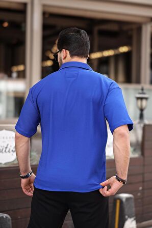 Oversize Fitilli Kısa Kol Gömlek - Parlement Mavi