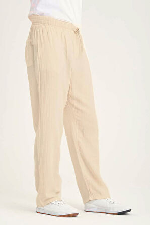 Baggy Kalıp Müslin Kumaş Pantolon - Orta Bej