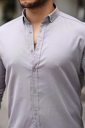 Likralı Regular Fit Nefes Alabilir Klasik Erkek Oxford Gömlek -Taş