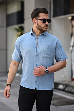 Oversize Müslin Kumaş Tek Cepli Gömlek- Soğuk Mavi