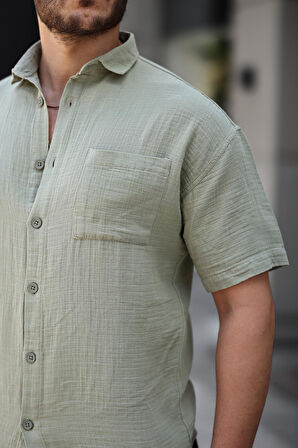 Oversize Müslin Kumaş Tek Cepli Gömlek- Açık Haki
