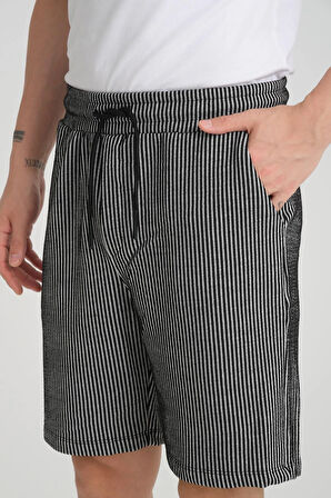 Çizgi Desenli Premium Lastikli Şort - Siyah