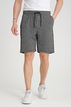 Çizgi Desenli Premium Lastikli Şort - Siyah