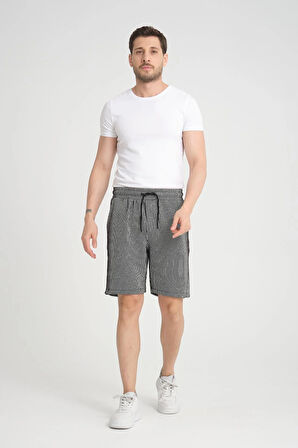 Çizgi Desenli Premium Lastikli Şort - Siyah