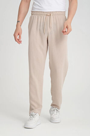 Aerobin Keten Baggy Kalıp Pantolon - Bej