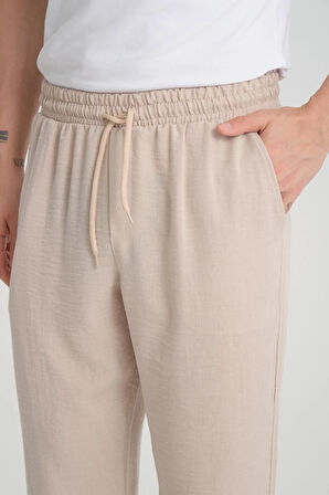 Aerobin Keten Baggy Kalıp Pantolon - Bej