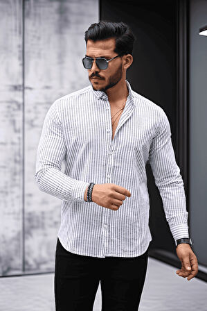 Nefes Alabilir Zarif Günlük Carina Çizgili Pamuklu Erkek Gömlek - Beyaz/Siyah