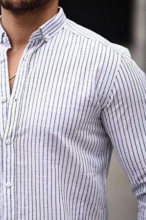 Nefes Alabilir Zarif Günlük Carina Çizgili Pamuklu Erkek Gömlek - Beyaz/Siyah