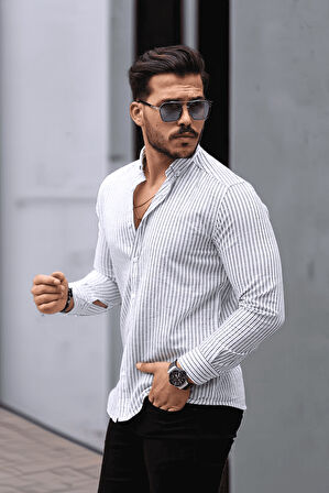 Nefes Alabilir Zarif Günlük Carina Çizgili Pamuklu Erkek Gömlek - Beyaz/Siyah