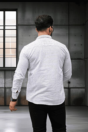 Nefes Alabilir Zarif Günlük Carina Çizgili Pamuklu Erkek Gömlek - Beyaz/Siyah