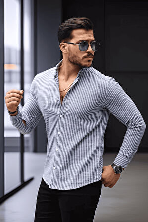 Nefes Alabilir Zarif Günlük Carina Çizgili Pamuklu Erkek Gömlek - Lacivert