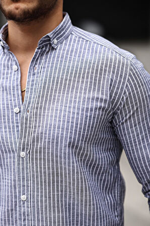 Nefes Alabilir Zarif Günlük Carina Çizgili Pamuklu Erkek Gömlek - Lacivert
