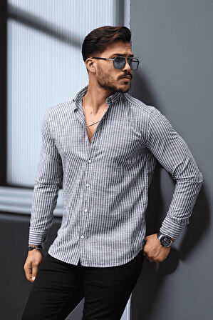 Nefes Alabilir Zarif Günlük Carina Çizgili Pamuklu Erkek Gömlek - Lacivert