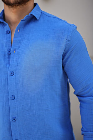 Nefes Alabilir Müslin Kumaş Uzun Kol Yakalı Erkek Gömlek - Parlement Mavi