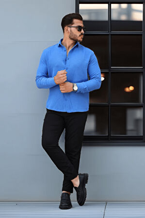 Nefes Alabilir Müslin Kumaş Uzun Kol Yakalı Erkek Gömlek - Parlement Mavi