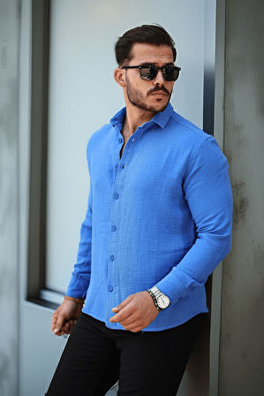 Nefes Alabilir Müslin Kumaş Uzun Kol Yakalı Erkek Gömlek - Parlement Mavi