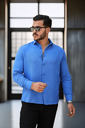Nefes Alabilir Müslin Kumaş Uzun Kol Yakalı Erkek Gömlek - Parlement Mavi