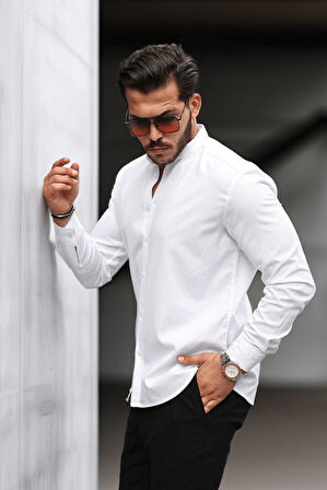 Hakim Yaka Oxford Kumaş Uzun Kol Gömlek - Beyaz