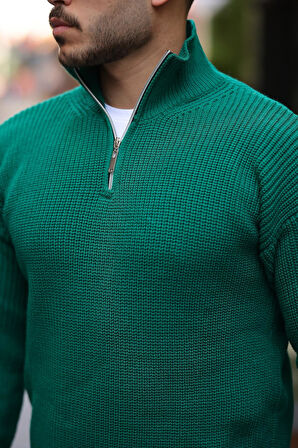 Oversize Selanik Örgü Yarım Fermuar Erkek Triko Kazak - Yeşil