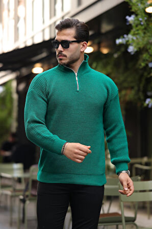 Oversize Selanik Örgü Yarım Fermuar Erkek Triko Kazak - Yeşil
