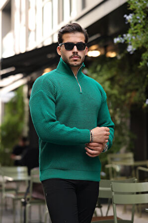 Oversize Selanik Örgü Yarım Fermuar Erkek Triko Kazak - Yeşil
