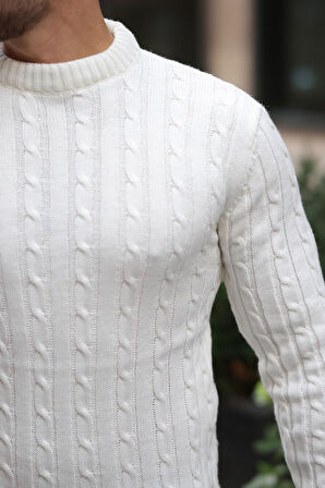 Saç Örgülü Bisiklet Yaka Erkek Triko Kazak - Ekru