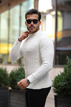 Saç Örgülü Bisiklet Yaka Erkek Triko Kazak - Ekru