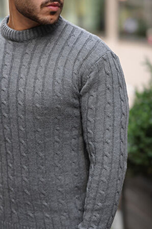 Saç Örgülü Bisiklet Yaka Erkek Triko Kazak - Füme