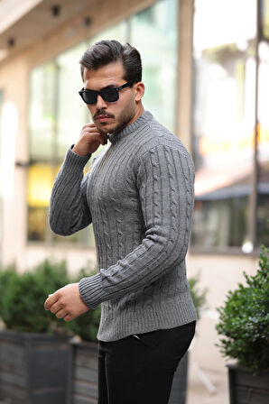 Saç Örgülü Bisiklet Yaka Erkek Triko Kazak - Füme