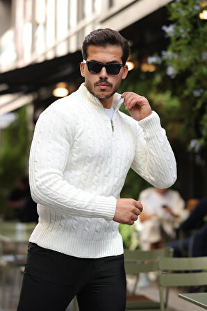 Saç Örgülü Yarım Fermuar Erkek Triko Kazak - Ekru