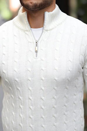 Saç Örgülü Yarım Fermuar Erkek Triko Kazak - Ekru