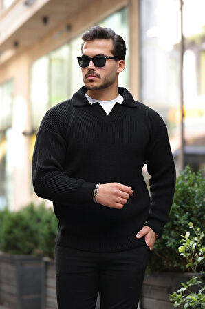 Oversize Gömlek Polo Yaka Selanik Örgülü Erkek Triko Kazak - Siyah