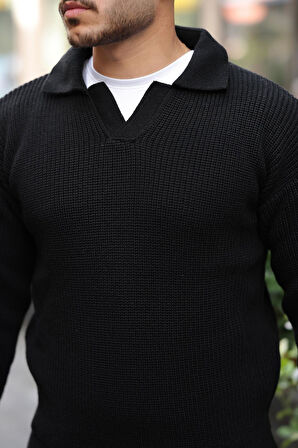 Oversize Gömlek Polo Yaka Selanik Örgülü Erkek Triko Kazak - Siyah