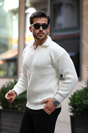 Oversize Gömlek Polo Yaka Selanik Örgülü Erkek Triko Kazak - Ekru