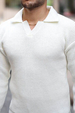 Oversize Gömlek Polo Yaka Selanik Örgülü Erkek Triko Kazak - Ekru