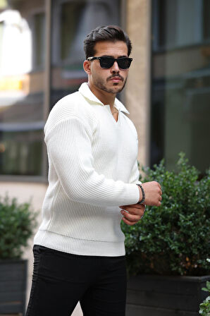 Oversize Gömlek Polo Yaka Selanik Örgülü Erkek Triko Kazak - Ekru