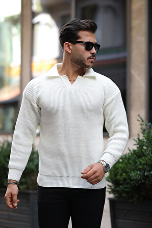 Oversize Gömlek Polo Yaka Selanik Örgülü Erkek Triko Kazak - Ekru