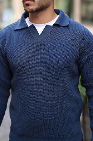 Oversize Gömlek Polo Yaka Selanik Örgülü Erkek Triko Kazak - İndigo