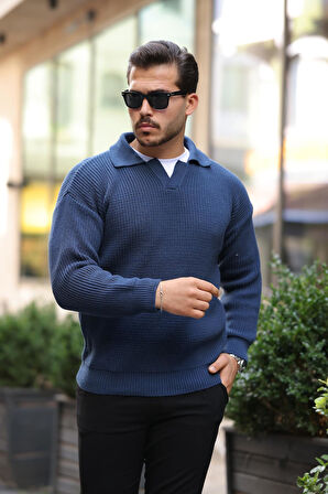 Oversize Gömlek Polo Yaka Selanik Örgülü Erkek Triko Kazak - İndigo