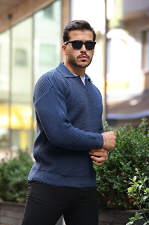 Oversize Gömlek Polo Yaka Selanik Örgülü Erkek Triko Kazak - İndigo