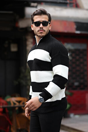 Oversize Çizgili Selanik Örgülü Yarım Fermuar Triko Erkek Kazak - Siyah